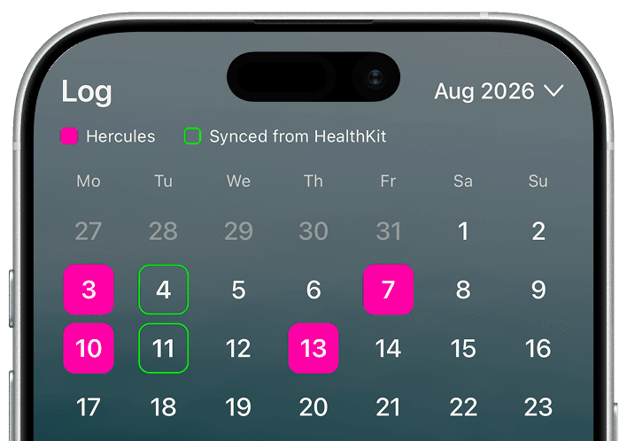 The Hercules Log screen showing a monthly calendar with workout days marked in pink and HealthKit days outlined in green